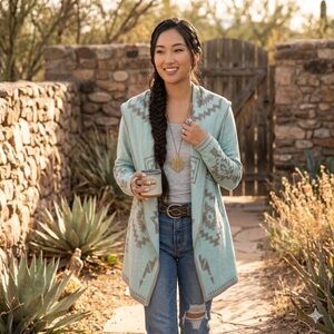 Johnny Was Hoodie Biya XL Eleu Jacket Cardigan Pockets Teal Aztec Open Boho